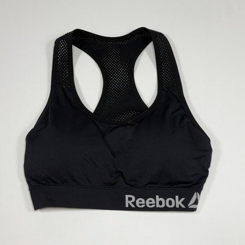 Reebok Black Nylon Mesh Racerback Logo Band Sports Bra Size L Large‎